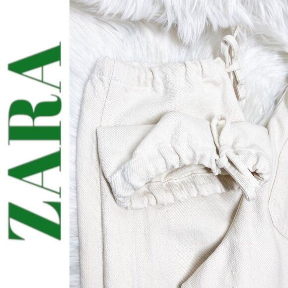 ZARA Ivory Cream 100% Cotton Wide Leg High Rise Drawstring Cuff Jeans, Size Smal - Picture 7 of 12